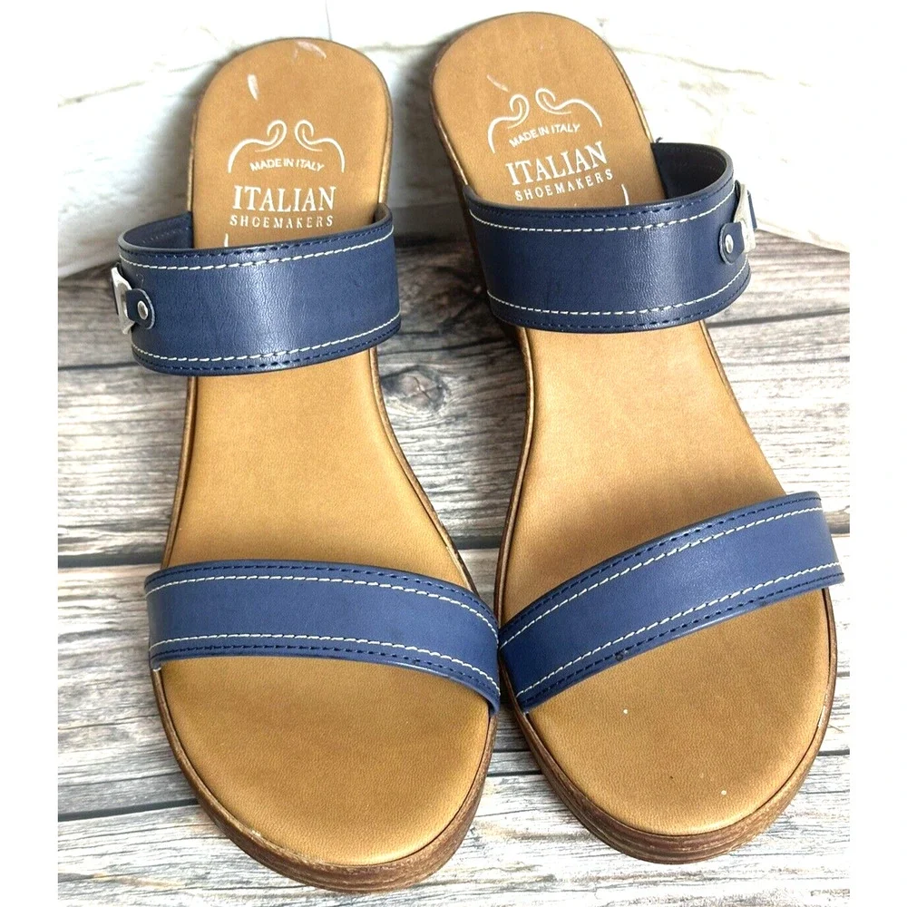 Italian Shoemaker Sandals Wedge‎ Navy Blue Leather Straps Fits 10 M